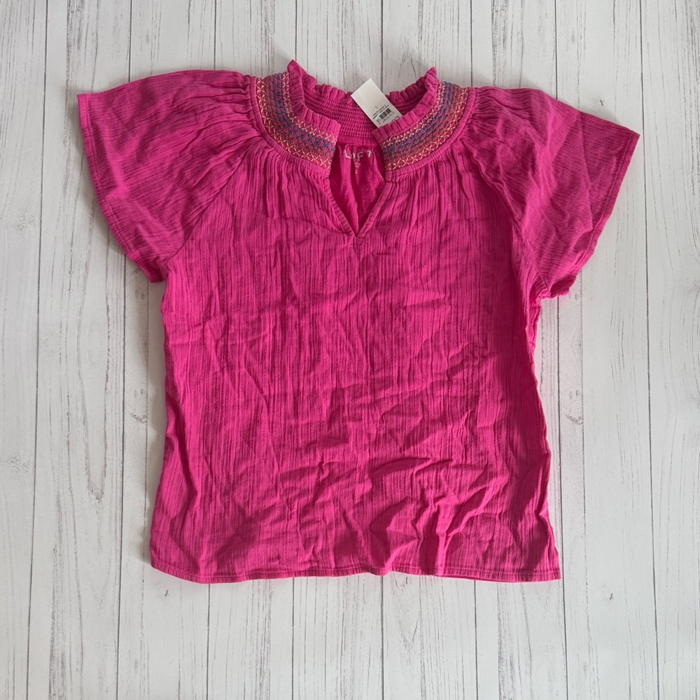 LOFT Girls' Hot Pink Short-Sleeve Embroidered Neck Blouse